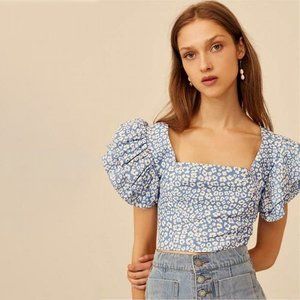 C/MEO COLLECTIVE Heart Of Me Blue Abstract Floral‎ Top Sz S